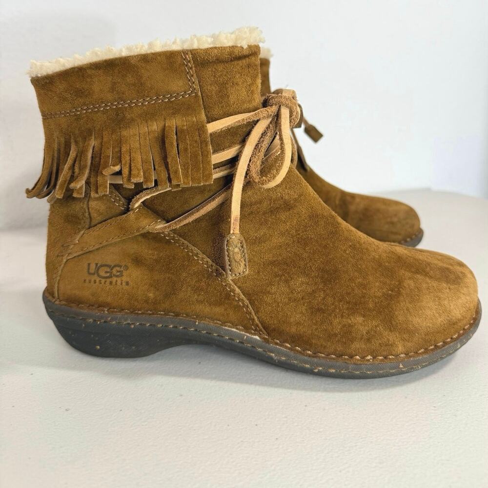 UGG Gaviota Suede Fringe Ankle Boots Womens Size 9 Brown Style 5749 - Picture 2 of 12